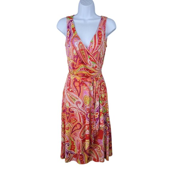 Chaps Faux Wrap Dress Size Small Party Stretch Ruched Waist Ralph Lauren Pink - Picture 2 of 7